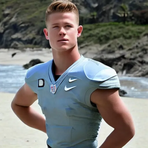 Image similar to a realistic detailed photo of a guy who is an attractive humanoid who is half robot and half humanoid, who is a male android, football player christian mccaffrey, shiny skin, posing like a statue, blank stare, by the beach, on display