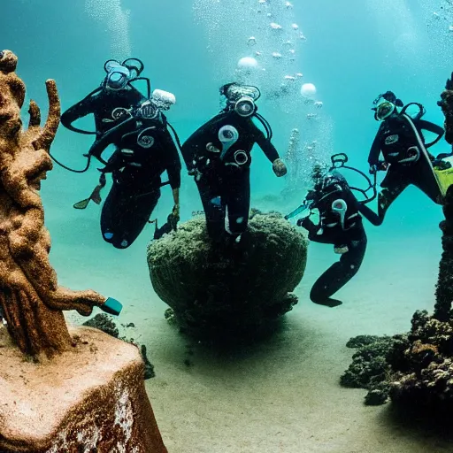 Prompt: acuba divers exploring a massive statue underwater, a masterpiece by rodrigo martinez, best photographer in the world