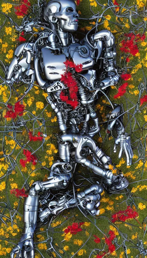 Image similar to destroyed terminator lying in a field of flowers, twisted metal, chrome, reflections, anthropomorphic, photorealism, smoke, metal, 8 k, surreal, wires, smooth, sharp focus, top view, extremely detailed, hyperrealism, elegant, establishing shot, by jeff koons, artgerm and greg rutkowski