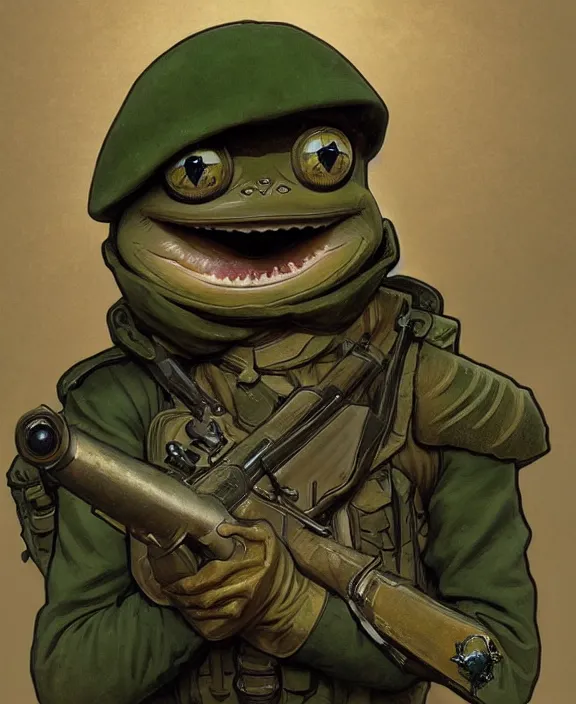 Prompt: Pepe the Frog in military uniform, Schutztruppe, German East Afrika, WW1 Tooth Wu Artgerm Greg Rutkowski Alphonse Mucha Beeple artstation deviantart, 8k, fanart, extreme aesthetic