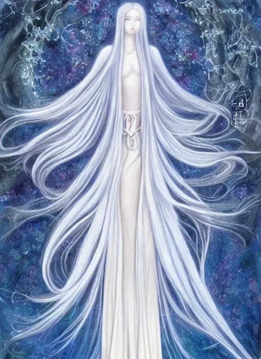 Image similar to tall thin beautiful goddess, pale wan feminine angel, long flowing silver hair covering her whole body, beautiful painting, young wan angel, flowing silver hair, flowing white robes