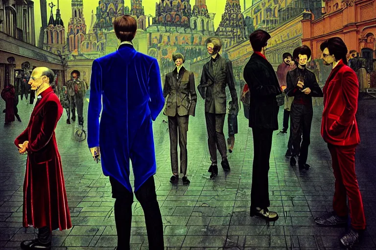 Image similar to realistic detailed photorealistic film portrait shot of a single skeleton wearing crimson velvet blazer in a crowded futuristic moscow street by Denis Villeneuve, Amano, Yves Tanguy, Alphonse Mucha, Ernst Haeckel, Andrei Tarkovsky, Edward Robert Hughes, Roger Dean, rich moody colours, wide angle, blue eyes