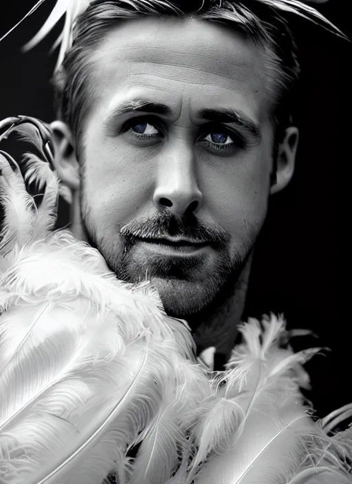 Prompt: portrait of ryan gosling with a long neck a beak and white feathers, white feather suit, natural light, sharp, detailed face, magazine, press, photo, steve mccurry, david lazar, canon, nikon, focus