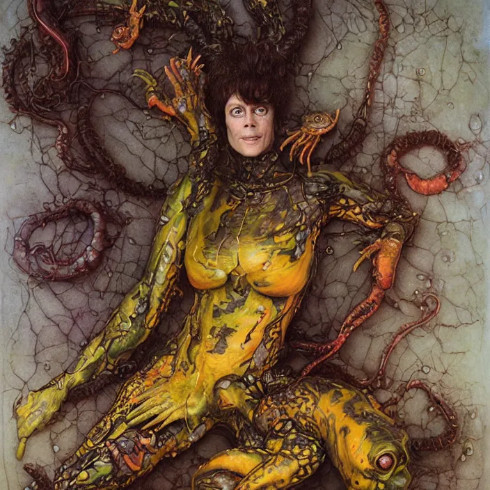 Image similar to a portrait photograph of sigourney weaver as a brightly colored harpy salamander hybrid with wet mutated skin. wearing a prosthetic organic catsuit like a dominatrix. by tom bagshaw, donato giancola, hans holbein, walton ford, gaston bussiere, brian froud, peter mohrbacher and magali villeneuve. 8 k, cgsociety