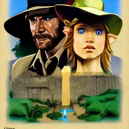 Image similar to Indiana Jones and The Legend of Zelda Link by Raphael, Hopper, and Rene Magritte. detailed, romantic, enchanting, trending on artstation.