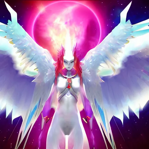 Image similar to Angewomon from Digimon, key art, dynamic lighting