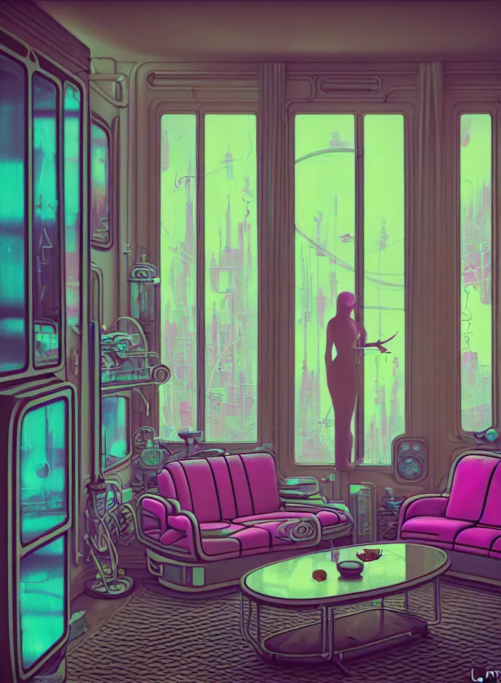 Image similar to telephoto 7 0 mm f / 2. 8 iso 2 0 0 photograph depicting the feeling of chrysalism in a cosy safe cluttered french sci - fi ( art ( nouveau ) ) cyberpunk apartment in a pastel dreamstate art cinema style. ( living room ) ( ( fish tank ) ), ambient light.