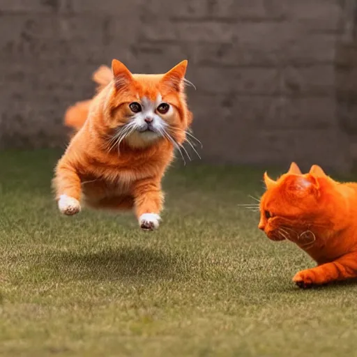 Image similar to a small dog being chased by a big fat orange cat