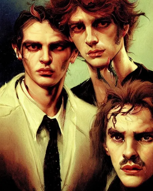 Prompt: two handsome but sinister young men in layers of fear, with haunted eyes and wild hair, 1 9 7 0 s, seventies, wallpaper, a little blood, moonlight showing injuries, delicate embellishments, painterly, offset printing technique, by john howe, brom, robert henri, walter popp