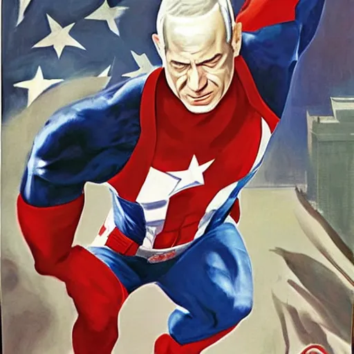 Prompt: Benjamin Netanyahu as Captain America by Alex Ross, detailed, full body