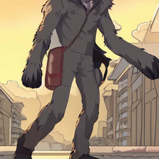 Image similar to key anime visual portrait of a handsome male anthro wolf furry fursona wearing a leather outfit as he walks outdoors in a city at sunset, official modern anime scene