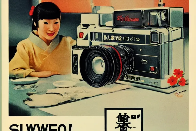 Image similar to camera advertisment, still life, 1 9 7 0 s japan shouwa advertisement, print, nostalgic