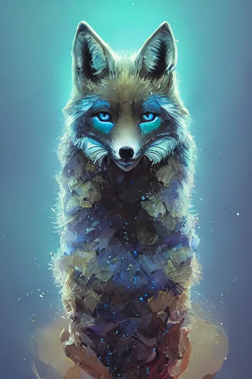 Image similar to A fancy portrait of a blue crystalized fox by Greg Rutkowski, beeple, Sung Choi, Mitchell Mohrhauser, Maciej Kuciara, Johnson Ting, Maxim Verehin, Peter Konig, final fantasy, macro lens, 35mm, 8k photorealistic, cinematic lighting, HD, high details, dramatic, dark atmosphere, trending on artstation