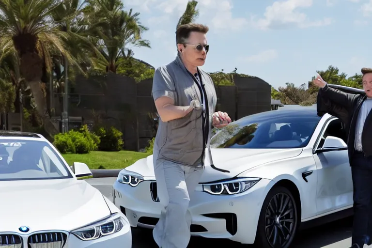 Prompt: Elon Musk driving a BMW car