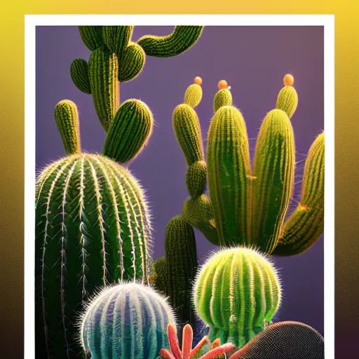 Image similar to cactus family, poster vintage, illustration, bioluminescence, vegetation, water bubbles, portrait, full shot, rim light, pixar, octane render,