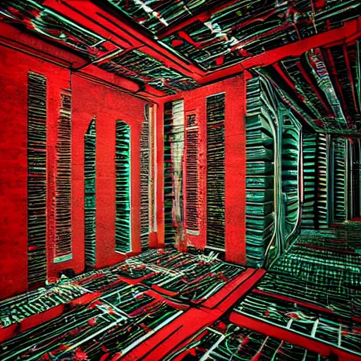 Image similar to dark matter red art house not human future schizophrenia limbo hipper room stratification of consciousness full HD 8K resolution