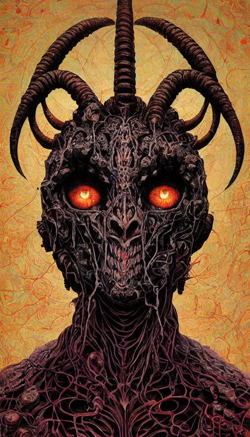 Prompt: Doom themed painting of horrifying bloodthirsty goat symmetrical face mask pattern concept, infinity glyph, intricate artwork by, Johnatan Wayshak, Zdizslaw Beksinski, Ayami Kojima, Amano, Karol Bak, Greg Hildebrandt, and Mark Brooks, Neo-Gothic, gothic, rich deep colors, art by Takato Yamamoto, masterpiece, face by Artgerm, H.R. Giger, very coherent artwork, cinematic, hyper realism, high detail, octane render, unreal engine, 8k, High contrast, golden ratio, trending on cgsociety, ultra high quality model, production quality cinema model