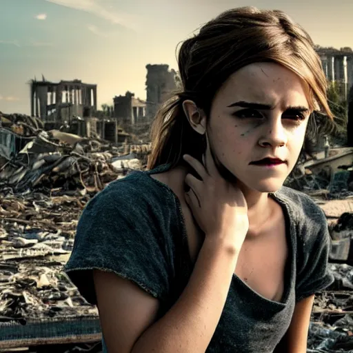 Image similar to concerned and tired emma watson in shredded dirty clothes rags, in the ruins of civilization after the apocalypse, looming city ruins backdrop, hd photo, high detail