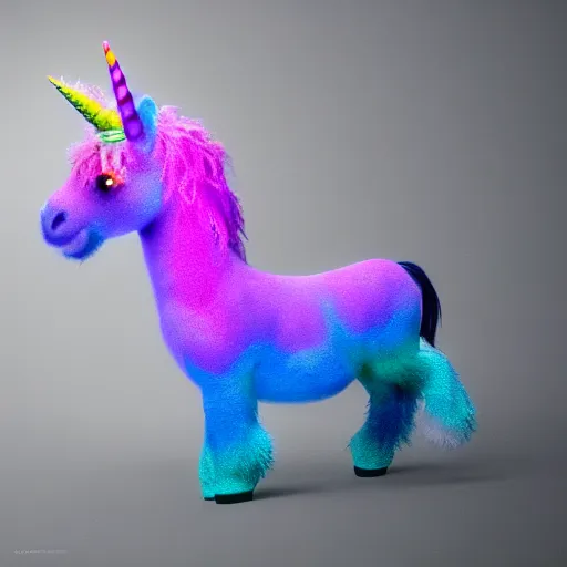 Image similar to full body pose, hyperrealistic photograph of a cute fuzzy rainbow unicorn, dim volumetric lighting, 8 k, octane beautifully detailed render, extremely hyper detailed, intricate, epic composition, cinematic lighting, masterpiece, trending on artstation, very very detailed, stunning, hdr, smooth, sharp focus, high resolution, award, winning photo, dslr, 5 0 mm