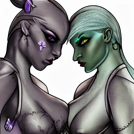 Prompt: a scene of two identical beautiful female drow rogues face to face, full of detail