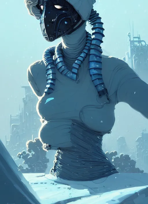 Image similar to highly detailed portrait of wasteland long curly white ice shard hair ninja mask curvy physique lady, stray wiring by atey ghailan, james gilleard, by joe fenton, by greg rutkowski, by greg tocchini, by kaethe butcher, 4 k resolution, gradient blue, cyan, black and white color scheme!!! ( ( snowy glaciated robotic dystopian city background ) )