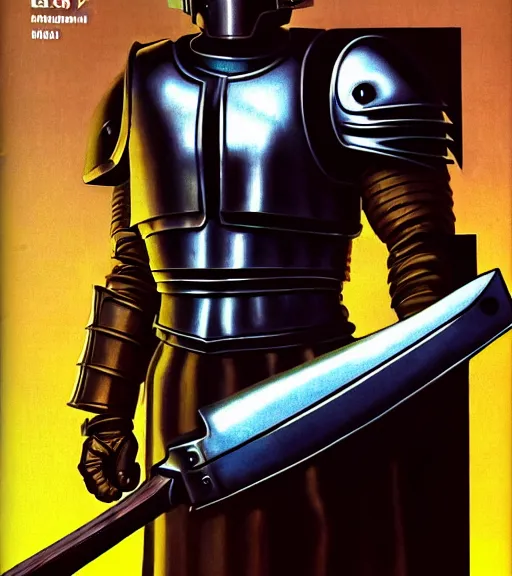 Image similar to a large cyberpunk paladin in rounded heavy plate armor with large shoulder pads and a spartan helmet and a very large shield he is holding a large axe in a cyberpunk setting, 1 9 6 9 omni magazine cover, style by vincent di fate, artgerm, cyberpunk 2 0 7 7, very coherent, detailed, 8 k resolution, unreal engine, daz