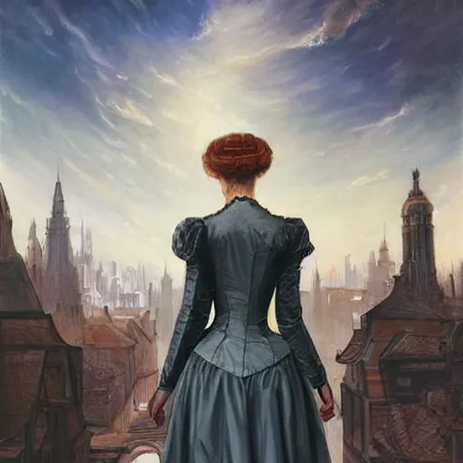 Prompt: portrait of a victorian lady in a futuristic city, from behind, streets, beautiful!!!!!!!!!!!!, fully open sky, side buildings, highly detailed, digital painting