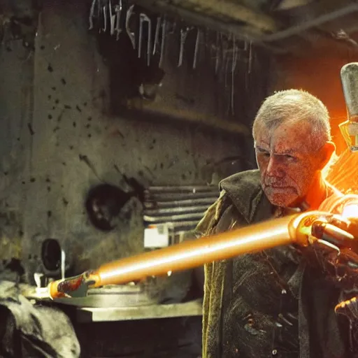 Image similar to half rusted old egg beater half stun - gun, balding older cyborg repairing, red hot soldering iron, dark messy smoke - filled cluttered workshop, dark, dramatic lighting, orange tint, cinematic, highly detailed, sci - fi, futuristic, movie still from blade runner