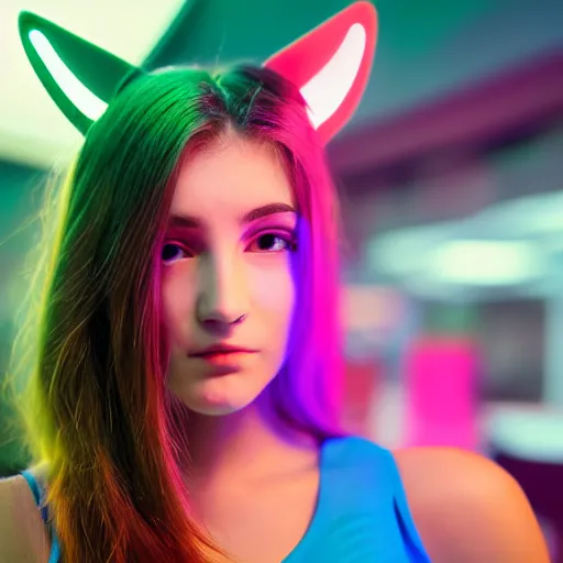 Prompt: Profile face angle of a cute young woman with robot ears and eyes, 4k, sharp focus, neon colored fluorescent lighting, Andreas Rocha