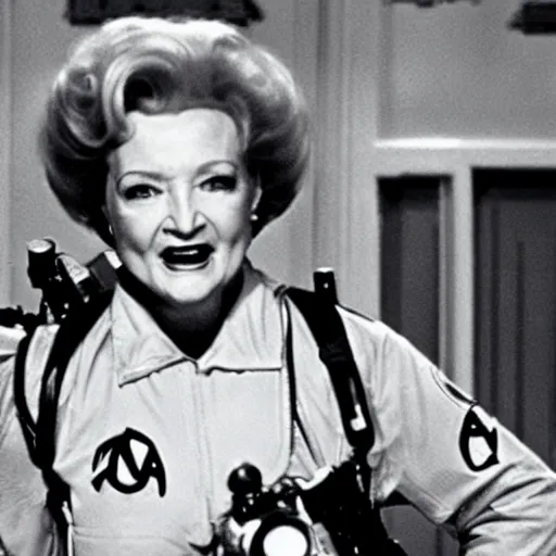 Image similar to stunning awe inspiring betty white as a ghostbuster in the movie ghostbusters, movie still 8 k hdr atmospheric lighting