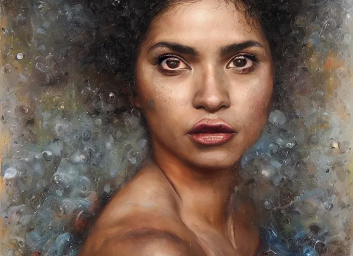 Prompt: a young hispanic woman portrait, photorealistic, highly detailed, art by tim okamura, kim keever and howard schatz