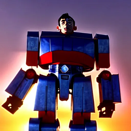 Prompt: mr. bean as optimus prime from the transformers movie. movie still. cinematic lighting.