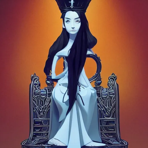 Image similar to stylized minimalist a beautiful black haired woman with pale skin and a crown on her head sitted on an intricate metal throne, loftis, cory behance hd by jesper ejsing, by rhads, makoto shinkai and lois van baarle, ilya kuvshinov, rossdraws global illumination,