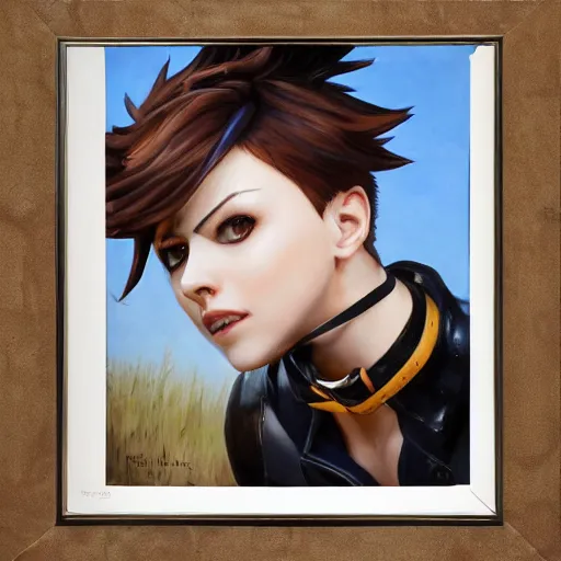 Image similar to oil painting of tracer overwatch in a field wearing very large black leather belt choker collar around neck, in style of mark arian, expressive face, very detailed face, very detailed eyes, belt around neck, full body, feminine face, tracer overwatch,