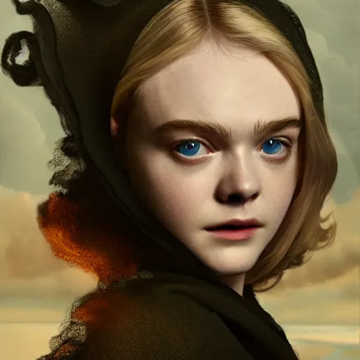 Prompt: Elle Fanning in a black robe holding fire on the beach, head and shoulders portrait, stormy weather, extremely detailed masterpiece, Roger Deakin’s cinematography, oil on canvas, Johannes Vormeer,