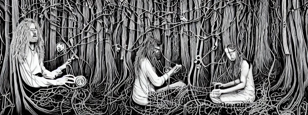 Image similar to a grunge technogaianist long-haired blonde digital musician playing modular synthesizer in the forest, technology and nature swirling in harmony, plugging vines into the synthesizer, trees swaying to the beat, postmodern surrealist concert poster, grainy, hand drawn matte painting by Tara McPherson and Gary Houston, smooth, sharp focus, extremely detailed, 50mm.