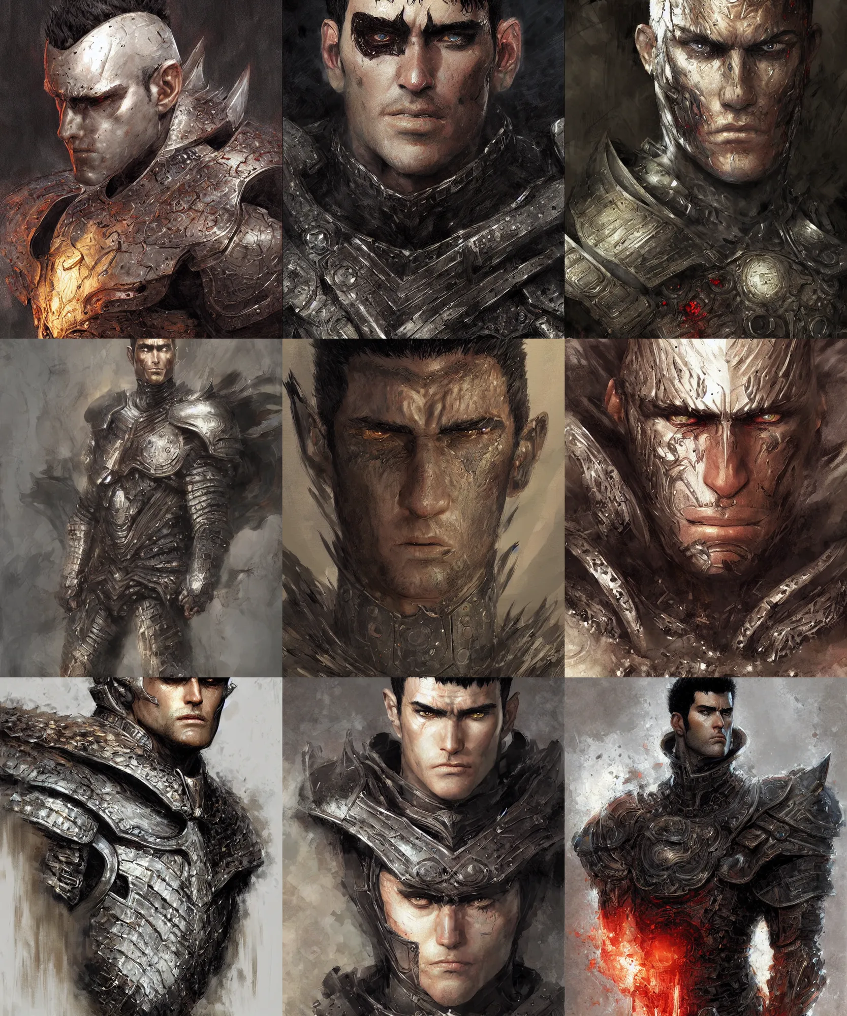 Prompt: digital art painting guts from berserk wearing his dark armor full body portrait painted by craig mullins and gaston bussiere and greg rutkowski, symmetrical face, defined facial features, symmetrical facial features, dramatic lighting