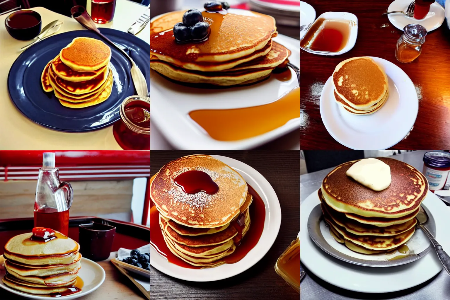 Prompt: a delicious stack of pancakes with maple syrup but it\'s blood, on a table in a traditional american diner