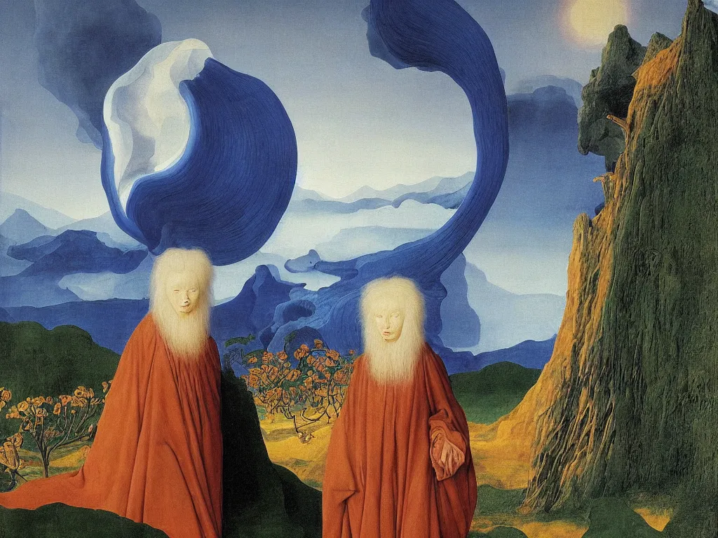 Image similar to Portrait of albino mystic with blue eyes, with portal to another realm. Landscape with lapis lazuli tsunami, giant wave. Painting by Jan van Eyck, Audubon, Rene Magritte, Agnes Pelton, Max Ernst, Walton Ford