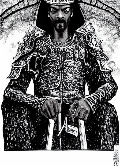 Prompt: Snoop Dogg as a knight, highly detailed, black and white, manga, art by Kentaro Miura