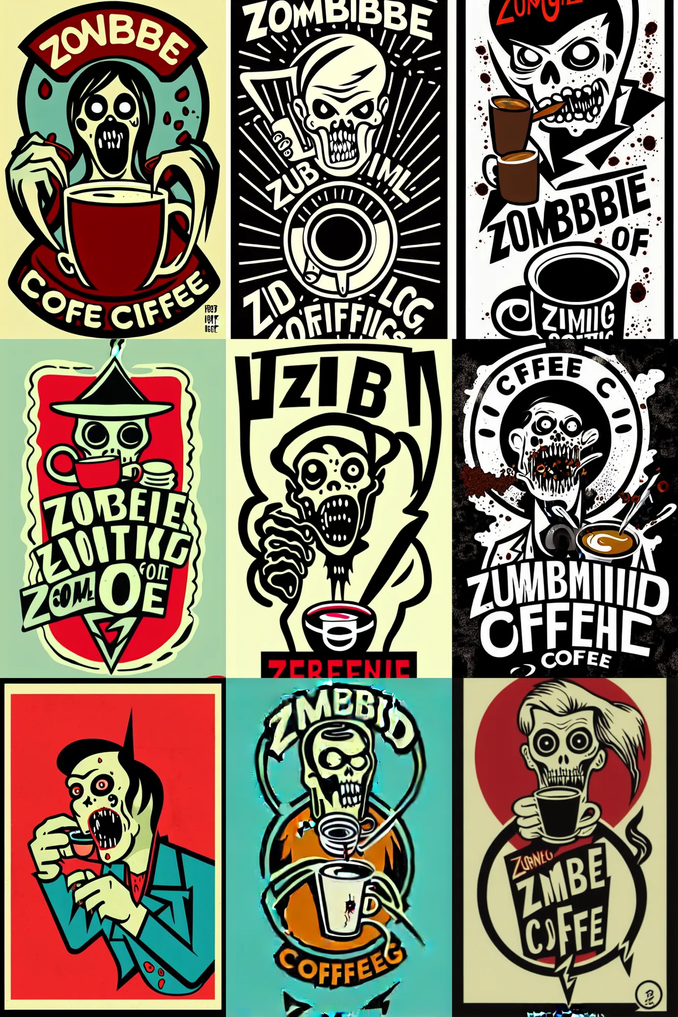 Prompt: zombie drinking coffee logo take away coffee by mcbess full colour print vintage colours lightning bolts 1 9 5 0 s