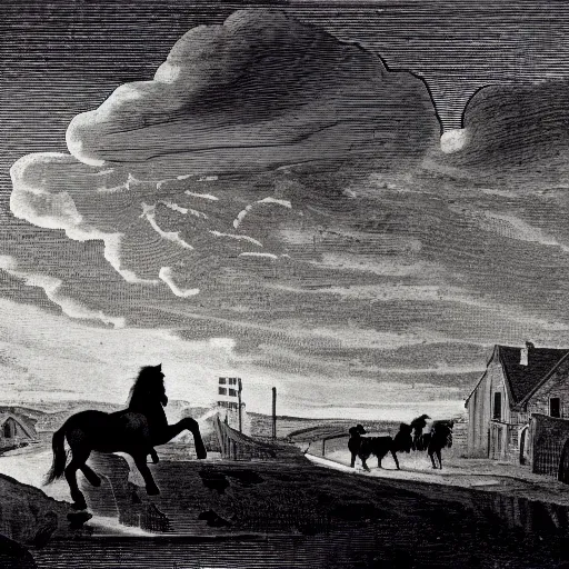 Prompt: a black horse galloping through a New England town in 1643 at night, fantasy