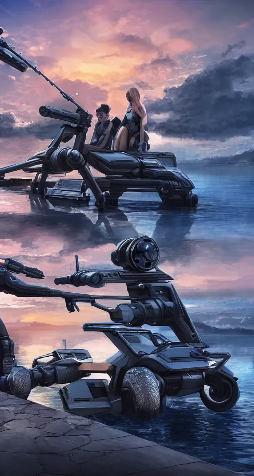 Prompt: a decadent futuristic sportscar designed by pinifarina and female robot holding a bazooka at a lake in ancient greece, hdr, hyperrealistic, photorealistic, bokeh, volumetric lighting, sunrise background, production i. g. studios style