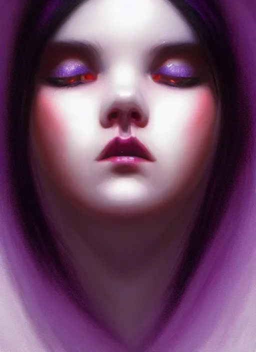 Image similar to portrait of teenage girl with white bangs, red irises, black hair, purple clothes, white bangs, bangs are different color from hair, intricate, front of hair is white rest is black, elegant, glowing lights, highly detailed, digital painting, artstation, concept art, smooth, sharp focus, illustration, art by wlop, mars ravelo and greg rutkowski