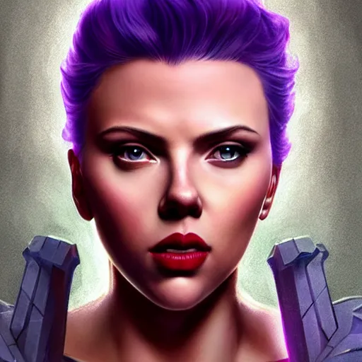 Prompt: scarlett johansson as thanos, feminine beautiful muscular fitness model wearing armor, purple skin, red lips, strong jaw, pin up, attractive, highly detailed upper body portrait, pretty face, elegant, breathtaking art, concept art, by artgerm and ilya kuvshinov