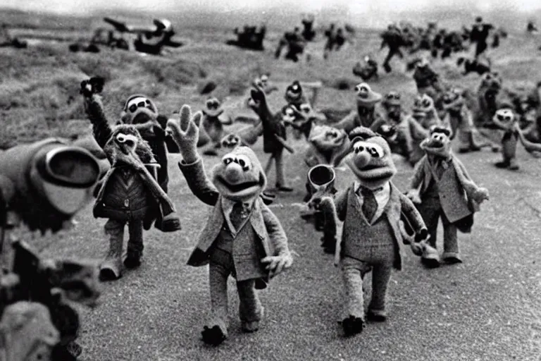 Prompt: a vintage photo of the Muppets storming Normandy