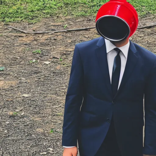 Image similar to a man in a suit wearing a tv on his head while walking