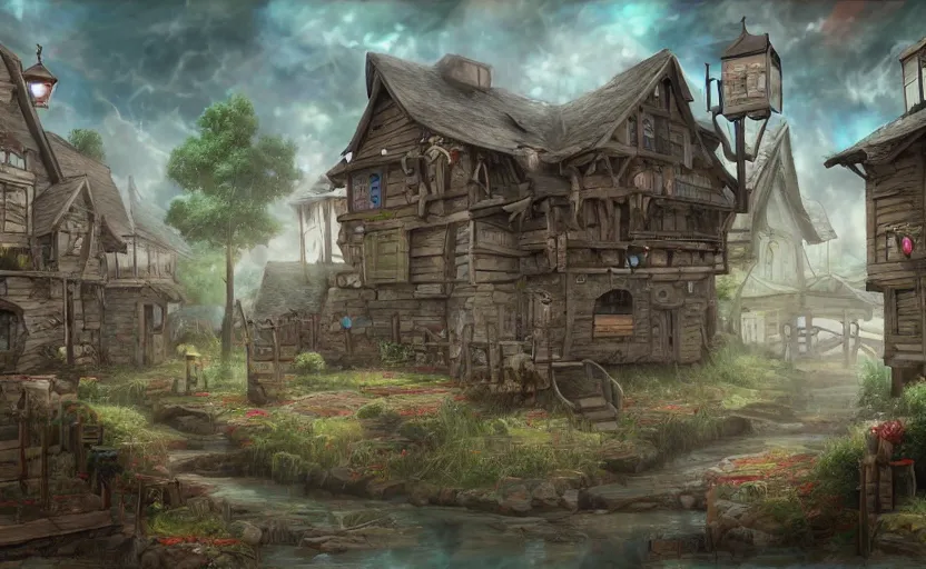 Prompt: Twinepunk, twinepunk village, concept art, detailed matte painting