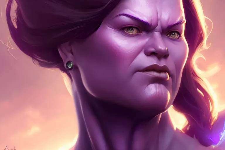 Image similar to female thanos, by charlie bowater, artgerm, ilya kuvshinov, krenz cushart, ruan jia, realism, ultra detailed, 8 k resolution, big thanos chin, standing posture