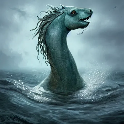 Image similar to kelpie : this sea monster takes on several shapes, but usually comes as a horse. this monster can look like a lost pony, with its mane dripping with water, and tricks women and children to ride on it. it then takes its unlucky rider to the water to drown and eat its victim. 8 k digital art, trending on artstation, sharp focus,